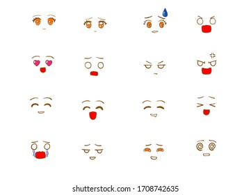 Cartoon faces. Expressive eyes and mouth, smiling, crying and surprised character face expressions. Caricature comic emotions or emoticon doodle. Isolated vector illustration icons set