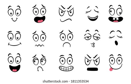 Cartoon faces. Expressive eyes and mouth, smiling, crying and surprised character face expressions. Caricature comic emotions or emoticon doodle. Isolated vector illustration icons set.