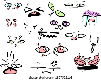 Cartoon faces. Expressive eyes and mouth, smiling, crying and surprised character face expressions. Caricature comic emotions or emoticon doodle. Isolated vector illustration icons set