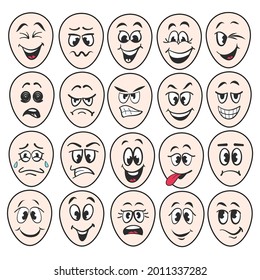 Cartoon faces. Expressive eyes and mouth, smiling, crying and surprised character face expressions. Comic emotions 