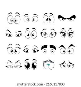 Cartoon faces. Expressive eyes and mouth, smiling, crying and surprised character face expressions. Caricature comic emotions or emoticon doodle. Isolated vector illustration icons set