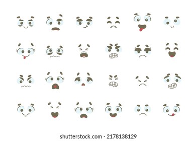 Cartoon faces. Expressive eyes and mouth, smiling, crying and surprised character face expressions. Caricature comic emotions or emoticon doodle. Isolated vector illustration icons set