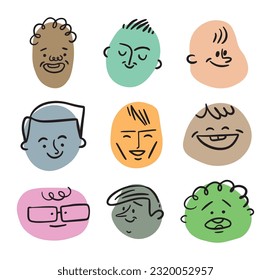 Cartoon faces. Expressive eyes and mouth, smiling, crying and surprised character face expressions. Caricature comic emotions or emoticon doodle. Isolated vector illustration icons set