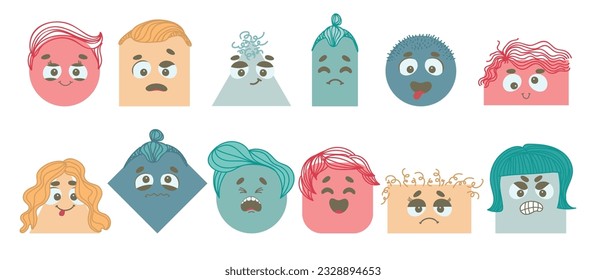 Cartoon faces. Expressive eyes and mouth, smiling, crying and surprised character face expressions. shapes for kids. Various bright basic Geometric Figures with varios 