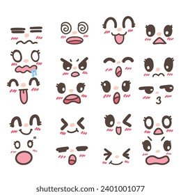 Cartoon faces. Expressive eyes and mouth, smiling, crying and surprised character face expressions. 