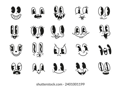 Cartoon Gesichter. Ausdrückliche Augen und Mund, Lächeln, Weinen und überraschte Charakter Gesichtsausdrücke. Karikatur-Comic-Emotionen oder Emotionen-Doodle.