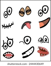 Cartoon faces. Expressive eyes and mouth, smiling, crying and surprised character face expressions
