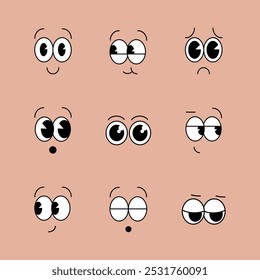 Cartoon. Olhos e boca expressivos, sorridentes, chorando e expressões surpreendentes de rosto de personagens. Emoções cômicas caricaturais ou emoticon doodle. Conjunto de ícones de ilustração de vetor isolado