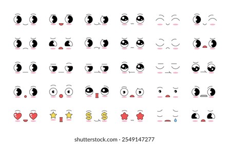 Cartoon. Olhos e boca expressivos, sorridentes, chorando e expressões surpreendentes de rosto de personagens. Emoções cômicas caricaturais ou emoticon doodle.