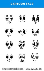 Cartoon faces. Expressive eyes and mouth, smiling, crying and surprised character face expressions. Caricature comic emotions or emoticon doodle.