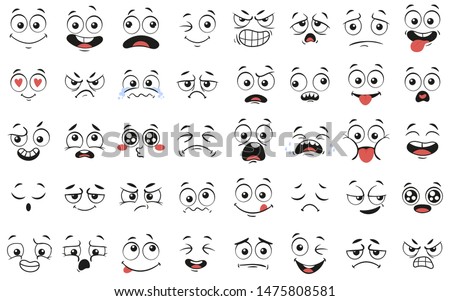 Cartoon faces. Expressive eyes and mouth, smiling, crying and surprised character face expressions. Caricature comic emotions or emoticon doodle. Isolated vector illustration icons set Foto stock © 