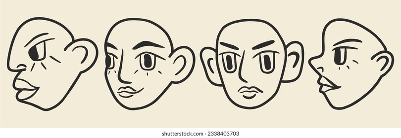 Cartoon faces. Freehand drawing style. Various characters, profile. Flat design. Hand drawn fashion vector illustration. Every face is isolated.