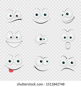 Cartoon faces with funny expressions vector set. On transparent background.