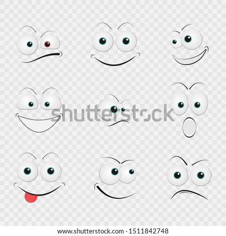 Cartoon faces with funny expressions vector set. On transparent background.