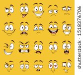 Cartoon faces. Funny face expressions, caricature emotions. Cute character with different expressive eyes and mouth, vector happy tongue emoticon collection
