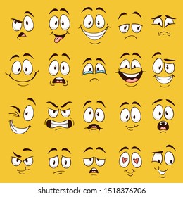 Cartoon faces. Funny face expressions, caricature emotions. Cute character with different expressive eyes and mouth, vector happy tongue emoticon collection
