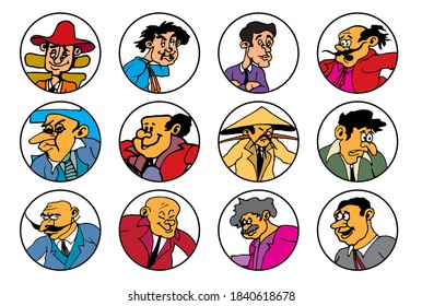 Cartoon faces. Funny face expressions, caricature emotions, vector