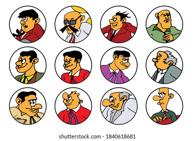 Cartoon faces. Funny face expressions, caricature emotions, vector