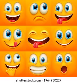 Cartoon faces. Funny face expressions, caricature emotions. Cute character with different expressive eyes and mouth, vector emoticon collection