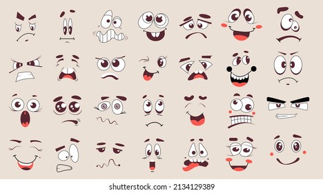 Cartoon faces. Funny face expressions, caricature emotions. 50s, 60s old animation eyes and mouths elements. Vintage cosmic smile for the logo. Vector minimalistic faces on an isolated background