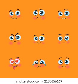 Cartoon faces. Funny face expressions, caricature emotions. Cute character with different expressive eyes and mouth, vector happy emoticon collection.