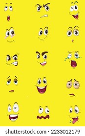 Cartoon faces. Funny face expressions, caricature emotions. Cute character with different expressive eyes and mouth, vector happy tongue emoticon collection