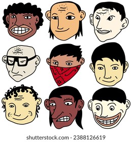 Cartoon faces. Funny face expressions, caricature emotions, vector illustration