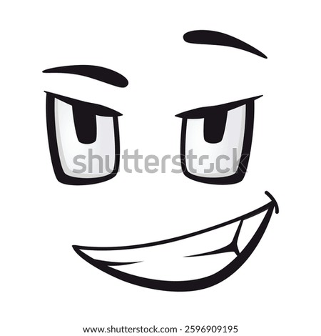 Cartoon faces. Funny face expressions, caricature emotions. Cute character with expressive eyes and mouth, vector smiley emoticon happy tongue emoticon