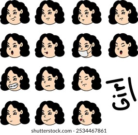 Cartoon faces grid showing various emotions of a girl, each row depicting different expressions like happy, sad, angry, and surprised.