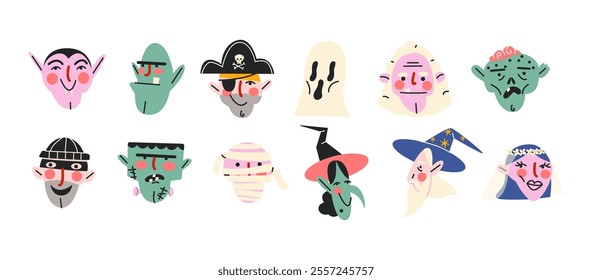 Cartoon faces of halloween and fantasy characters. Vampire, pirate, ghost, goblin, thief, Frankenstein, mummy, witch, wizard, elf. Doodle funky avatars comics heads. Vector illustration