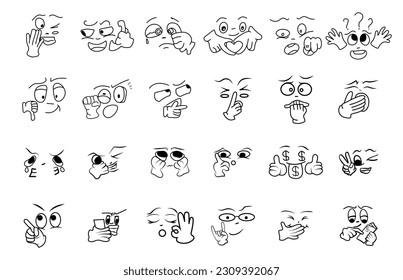 Caricatura con gestos manuales. Ojos y boca expresivos, sonrientes, llorosos y expresiones de caracter sorprendido. Emociones o doodle emocional. Conjunto de iconos de ilustración vectorial aislados