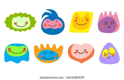 Cartoon enfrenta com expressões felizes. Formas bonitas e abstratas com olhos e bochechas sorridentes. Ótimo para designs infantis