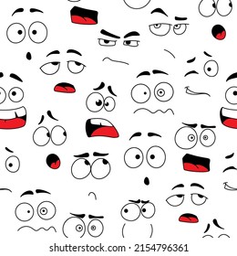 Cartoon Gesichter mit glücklichem Lächeln und traurigen Gesichtsausdrücke Vektor nahtlose Muster von Emoji-Charaktere. Comischer Hintergrund süßer, lustiger, wütender und verrückter Emotionen, Menschen-Emotionen-Hintergrund