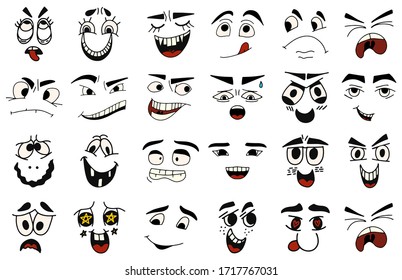 Cartoon faces. Kawaii cute faces. Expressive eyes and mouth, smiling, crying and surprised character face expressions. Caricature comic emotions or emoticon. Isolated vector illustration icons set.