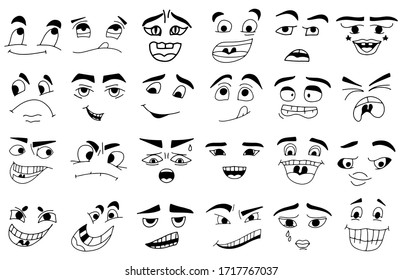 Cartoon faces. Kawaii cute faces. Expressive eyes and mouth, smiling, crying and surprised character face expressions. Caricature comic emotions or emoticon. Isolated vector illustration icons set.