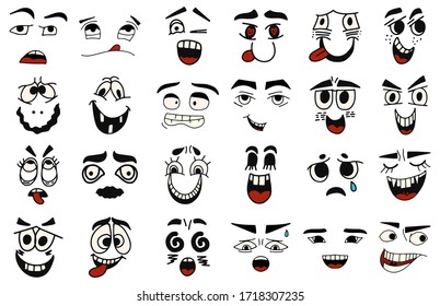 Cartoon faces. Kawaii cute faces. Expressive eyes and mouth, smiling, crying and surprised character face expressions. Caricature comic emotions or emoticon. Isolated vector illustration icons set.
