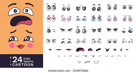 Cartoon Faces Kit. Funny Characters Eyes And Mouths With Various Expressions. Love And Fear, Angry And Laugh, Smile And Sad Vector Cartoon. Eye And Smile Facial, Personage Kawaii Emoticon Illustration