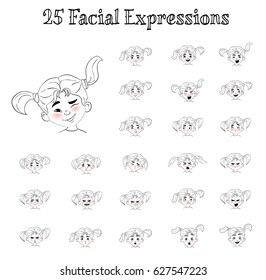 Cartoon faces of littlr girl with different expressions, featuring the eyes and mouth, design elements on white background