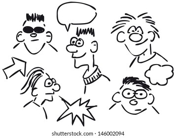 cartoon faces on white background - sketch illustration