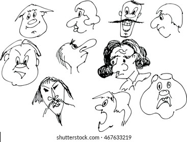 Cartoon faces on white background - sketch illustration. Hand drawn images 