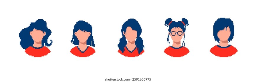 Cartoon faces in pixel art show various hairstyles and features, highlighting diverse appearances.