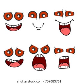 Cartoon Faces With Red Devil Moster Eyes Vector Set