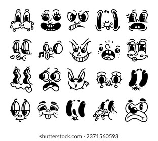 Caras de caricatura. Retro personajes retrato, ojo, sonrisa cómica vintage y boca linda, mascota feliz conejito. criatura cómica facial divertida, estilo de los 50. Elementos de creación. Logo del vector, iconos aislados