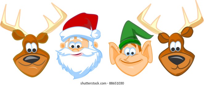  Cartoon faces Santa claus, Elf, Reindeer