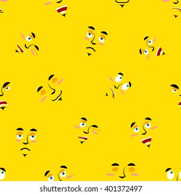 Cartoon faces seamless pattern. Set of emotions on yellow background. Cheerful personality and sad person ornament
