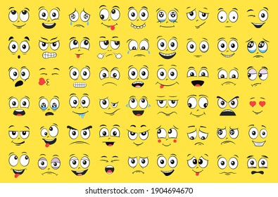 Cartoon faces set. Angry, laughing, smiling, crying, scared and other expressions. Vector illustration.