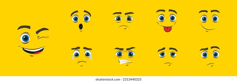 Cartoon faces set, comic icon. Emotion face, expressive eyes and mouth. Flat isolated vector illustration