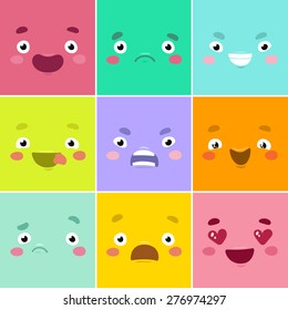 Cartoon faces. Set of different emotions painted in squares.