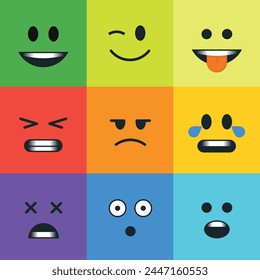 Cartoon faces set. Funny face expressions, caricature emotions on bright colored background. Feeling expression concept.