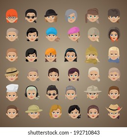 Cartoon Faces Set - Isolated On Brown Background, Vector Illustration, Graphic Design Editable For Your Design